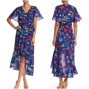 Parker Size Small Blue High-Low Ruffle Midi Dress Valencia Eclipse Wrap Floral